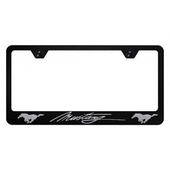 Black Metal License Plate Frame with Mustang and two Pony logo